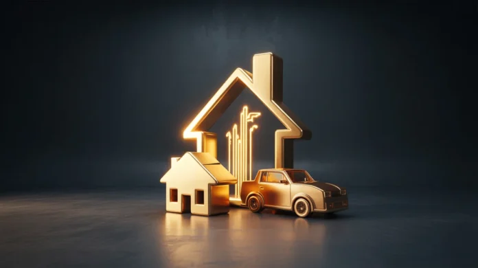 3D pateikimas, koncepcinis menas, stilizuotas auksinis namas ir automobilių piktogramos, susijusios su tvirtu, žėrinčiu pamatiniu bloku, gyvybingu abstrakčios finansinės šviesos, kylančios iš jos