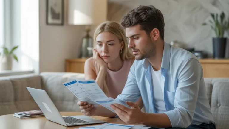 Fotorealistinė gyvenimo būdo scena sutelkto jauno Europos profesionalo (vyrų ar moterų ar poros) moderniame, saulės apšviestoje bute užsienyje, apgalvotai nagrinėjant finansinius duomenis ar paskolų pasiūlymus nešiojama