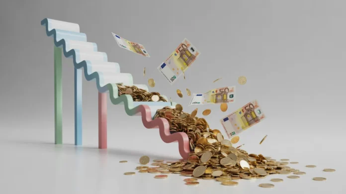 Simbolinis 3D pateikimas, mažėjantis abstraktus finansinis laiko juostas, atsirandantis į didėjančią, gausų auksinių monetų ir traškių eurų banknotų kaskadą, tai reiškia, kad iš ankstyvos paskolos grąžinimo, švarus minimalistinis fonas, gyvybingos spalvos, kinematografinis apšvietimas, oktaninis atvejų.