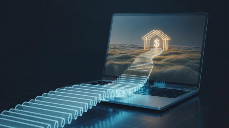 Aptakus 3D švytinčio skaitmeninio kelio, kylančio iš stilizuoto nešiojamojo kompiuterio ekrano, pateikimas, aiškiai vingiuotas per miglotą, abstrakčią finansinį kraštovaizdį link saugumo ir taupymo simbolio, atspindinčio atsakingą internetinę paskolos patarimą, konceptualųjį meną, švarų foną, švilpiančią mėlyną ir auksinę spalvą, tūrinį apšvietimą, oktaną.