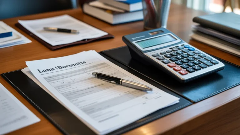 Tvarkingai išdėstyti paskolos dokumentai ir skaičiuoklė ant stalo, paruošta banko konsultacijai.