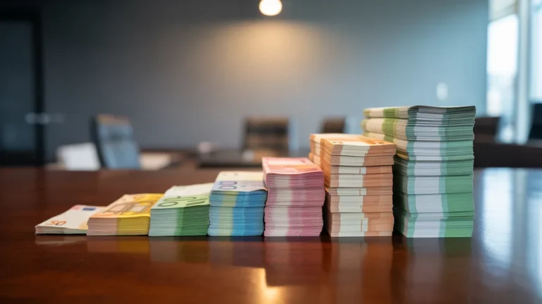 „Euro“ banknotai, išdėstyti didėjančiais krūvos dydžiais, nuo mažų iki didelių.