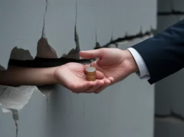 Ranka, gavusi monetą per siaurą įtrūkimą tvirtoje sienoje.