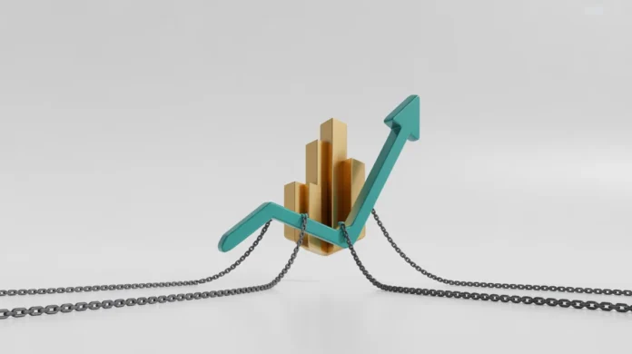 Minimalistinis 3D perteikimas abstrakčios, futuristinės verslo pastato piktograma arba sparčiai didėjanti rodyklė, be vargo be matomos atramos ar grandinių, simbolizuodamas neapkrautą verslo augimą ir neužtikrintą finansavimą, švarią baltą foną