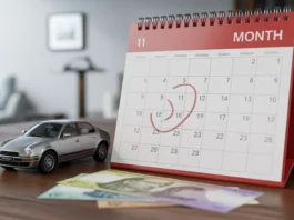 Vieną mėnesį paryškintas kalendoriaus puslapis, šalia mažo automobilio ir banknotų.