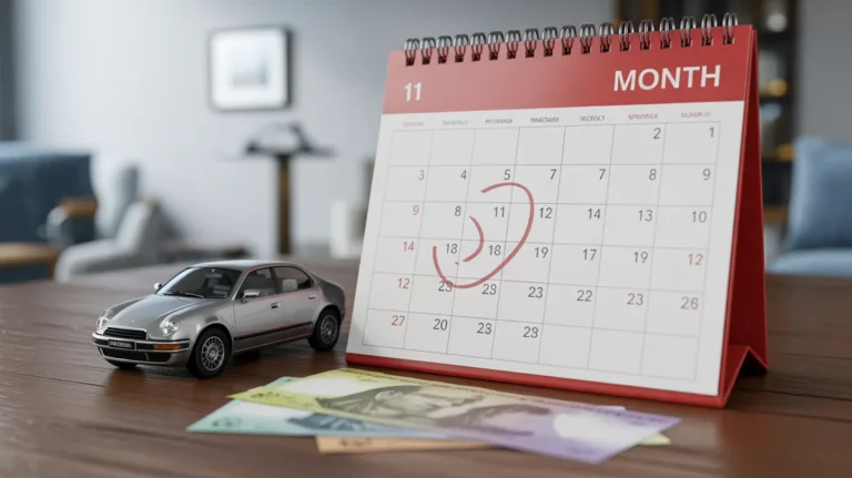 Vieną mėnesį paryškintas kalendoriaus puslapis, šalia mažo automobilio ir banknotų.