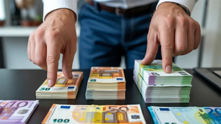 Rankos, pasirinktos tarp mažų ir didelių eurų banknotų krūvos ant stalo.