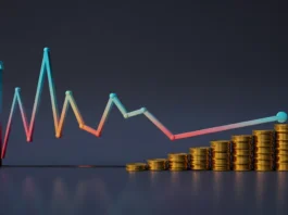 Konceptualus 3D pateikimas, simbolizuojantis finansinį optimizavimą: sudėtinga, aukštai plepus grafiko linija, virsta sklandžia, mažesne trajektorija, sukeliančia nemažą krūvą žėrinčių auksinių monetų. Minimalistinis švarus fonas, ryškios gradiento spalvos, pereinančios nuo vėsių bliuzų prie šiltų auksų, kino apšvietimas, oktaninis vaizdas, 8K, aukšta detalė, aštrus fokusavimas, profesionali fotografija
