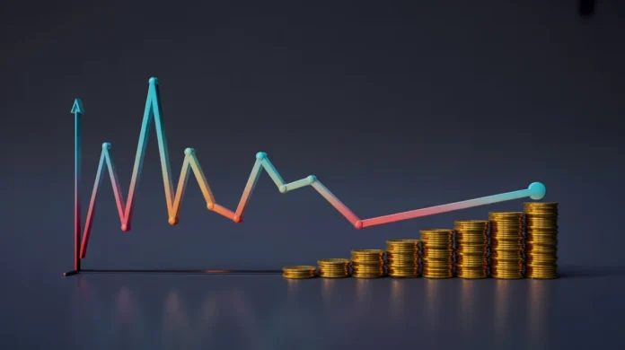 Konceptualus 3D pateikimas, simbolizuojantis finansinį optimizavimą: sudėtinga, aukštai plepus grafiko linija, virsta sklandžia, mažesne trajektorija, sukeliančia nemažą krūvą žėrinčių auksinių monetų. Minimalistinis švarus fonas, ryškios gradiento spalvos, pereinančios nuo vėsių bliuzų prie šiltų auksų, kino apšvietimas, oktaninis vaizdas, 8K, aukšta detalė, aštrus fokusavimas, profesionali fotografija