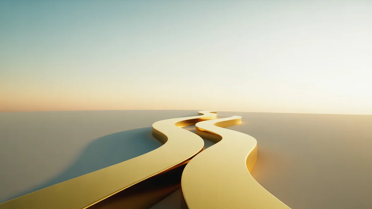 Pensijų Fondai: II ir III Pakopos Skirtumai ir Nauda Image A conceptual 3D render of two abstract, distinct yet converging golden pathways, ascending gently towards a serene, bright horizon, symbolizing the synergy of II and III pillar pension funds leading to a secure and prosperous retirement, minimalist design, clean background, soft, uplifting cinematic lighting, warm golden and subtle blue gradient palette, octane render., 8k, high detail, sharp focus, professional photography