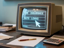 Skaitmeniniame terminalo ekrane rodomos automobilio draudimo ir paskolų parinktys.
