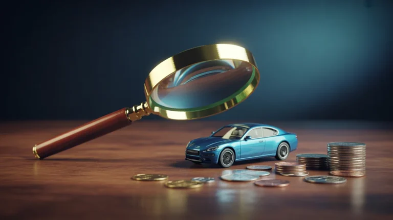 Padidėjęs stiklas, apžiūrintis miniatiūrinį automobilį ir mažą krūvą monetų.