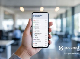 Išmaniųjų telefonų ekranas, kuriame rodoma įvairių draudimo bendrovių kontaktinė informacija.