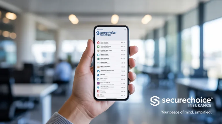 Išmaniųjų telefonų ekranas, kuriame rodoma įvairių draudimo bendrovių kontaktinė informacija.