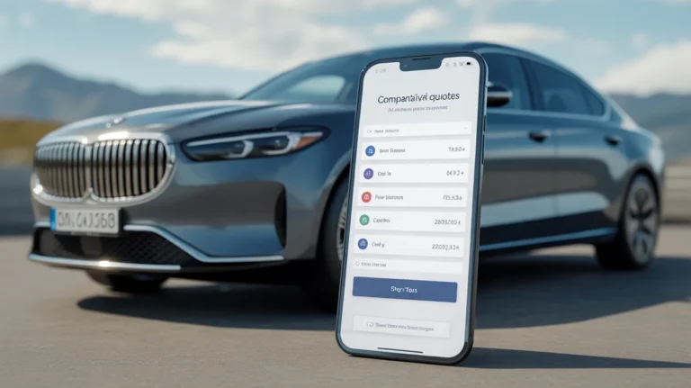 Išmaniųjų telefonų ekranas, kuriame rodomos lyginamosios automobilio draudimo citatos šalia modernaus automobilio.