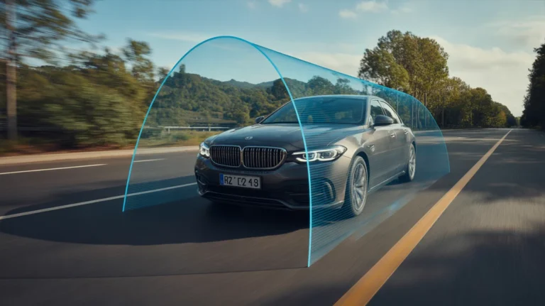 Automobilis kelyje, saugiai apsaugotas skaidriu finansiniu skydu.