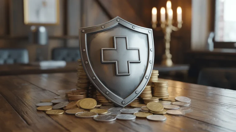 Apsauginis skydas, papuoštas medicininiu kryžiumi ir krūva monetų.