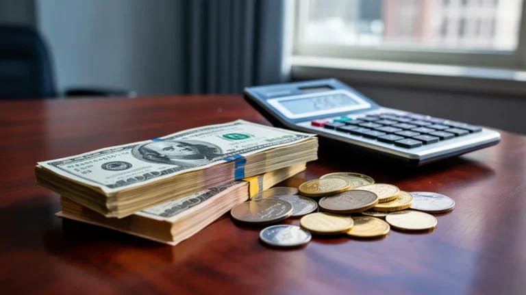 Tvarkingai sukrautos banknotai ir monetos ant stalo su skaičiuokle.