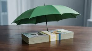 Tvarkinga krūva pinigų pagal apsauginį skėtį, simbolizuojančią finansinį saugumą.