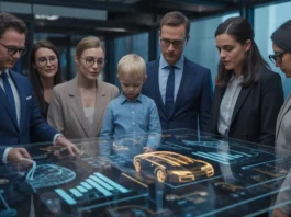 Įvairi Europos verslo profesionalų grupė ir jauna šeima, susirinkusi aplink holografinį ekraną, kuriame demonstruojami abstraktus finansinių duomenų vizualizavimas su žėrinčiais mėlynais ir auksiniais elementais, atspindinčiais intelektualias palyginamųjų nuomos galimybes ir būdus į transporto priemonių gavimą, nustatytą tamsiame fone, 3D perteikime, perteikdamas optimizmą, saugumą ir profesionalumą.