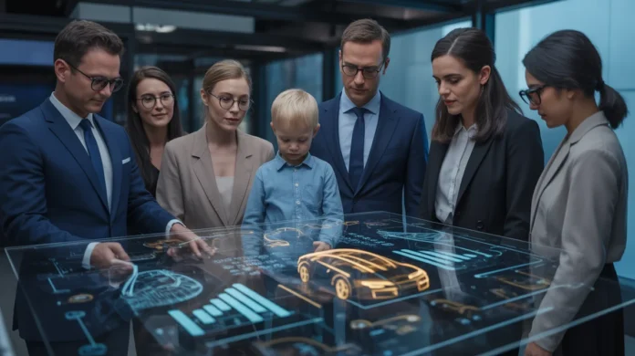 Įvairi Europos verslo profesionalų grupė ir jauna šeima, susirinkusi aplink holografinį ekraną, kuriame demonstruojami abstraktus finansinių duomenų vizualizavimas su žėrinčiais mėlynais ir auksiniais elementais, atspindinčiais intelektualias palyginamųjų nuomos galimybes ir būdus į transporto priemonių gavimą, nustatytą tamsiame fone, 3D perteikime, perteikdamas optimizmą, saugumą ir profesionalumą.
