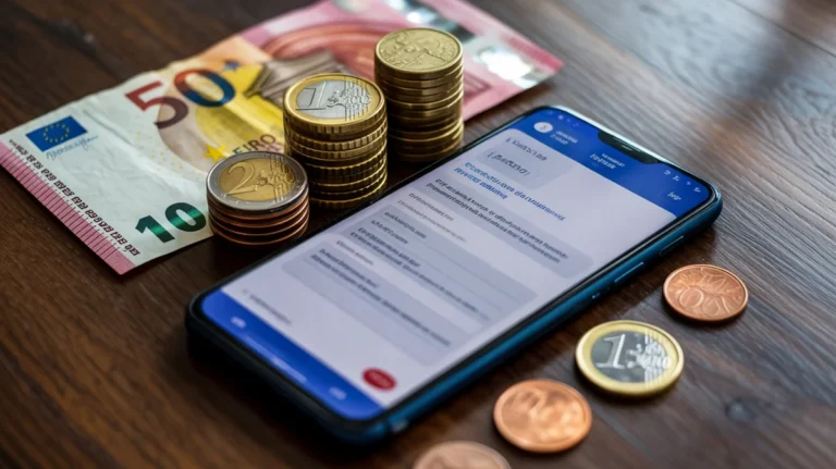 Išmanusis telefonas rodo SMS paskolos patvirtinimą su euro monetomis ir banknotais.
