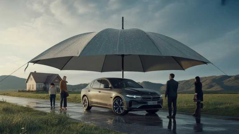 Automobilis, namas ir žmonės yra saugiai padengti kartu su tvirtu, visa apimančiu skėčiu.
