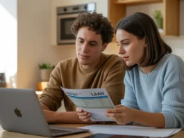 Jauna, relatuojanti Europos pora, maudoma šiltoje natūralioje šviesoje, patogiai sėdinčioje prie savo modernaus namų virtuvės stalo, įdėmiai peržiūrint būsto paskolų skaičiavimus ant aptakaus nešiojamojo kompiuterio, viltingo planavimo ir būsimų namų jausmo, fotorealistinės, gyvenimo būdo fotografijos, seklios lauko gylio, nuoširdaus momento, 4K.