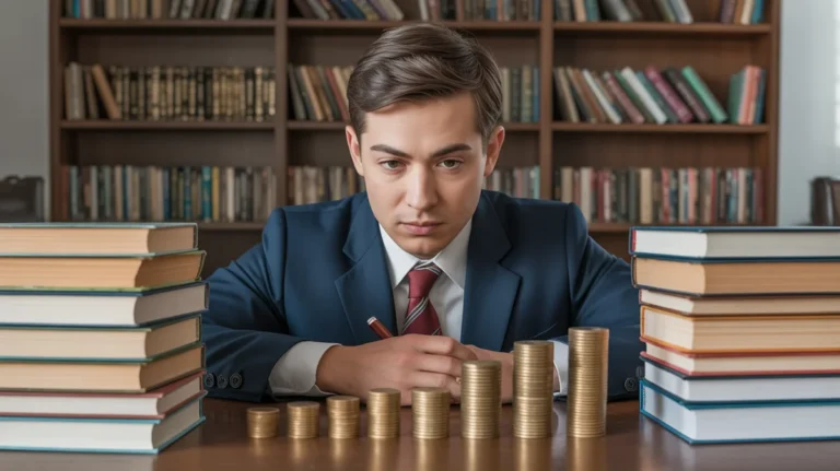 Studentas užtikrintai peržiūri daugybę knygų ir tvarkingai išdėstytų monetų.