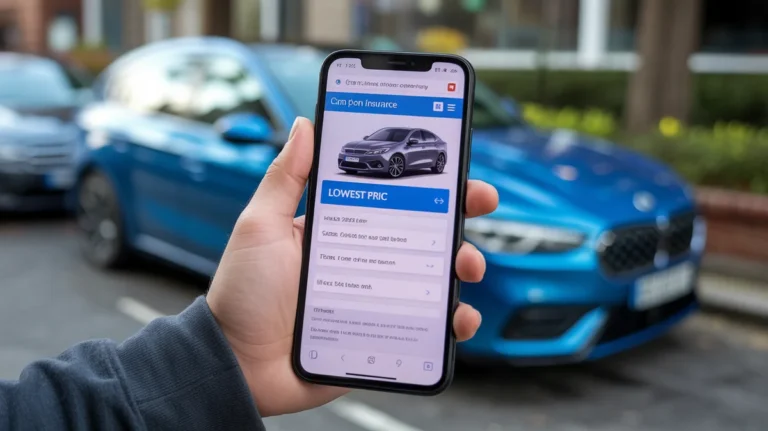 Išmaniųjų telefonų ekrane rodoma automobilio draudimo palyginimo svetainė su mažiausia paryškinta kaina.