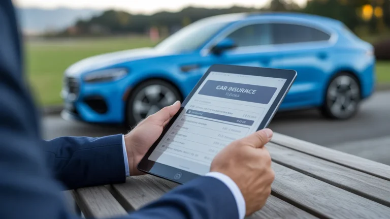 Asmuo, lyginantis automobilio draudimo kainas skaitmeniniame planšetiniame kompiuteryje, o fone matomas automobilis.