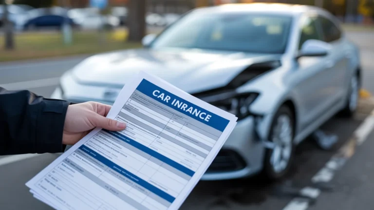 Rankoje yra automobilio draudimo dokumentai šalia automobilio su nedidelėmis avarijos žala.