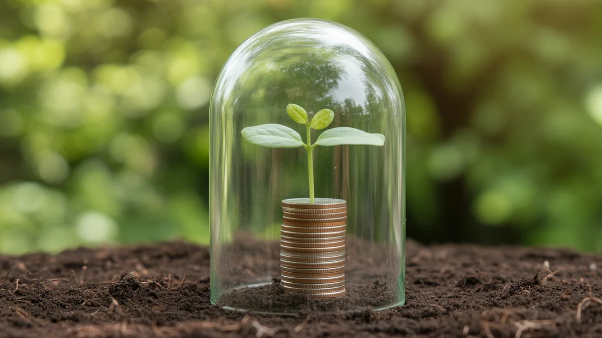 A small green seedling growing from a secure stack of coins under a protective glass dome.