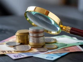 Padidėjęs stiklas, tiriantis augančią įvairių banknotų ir monetų krūvą.
