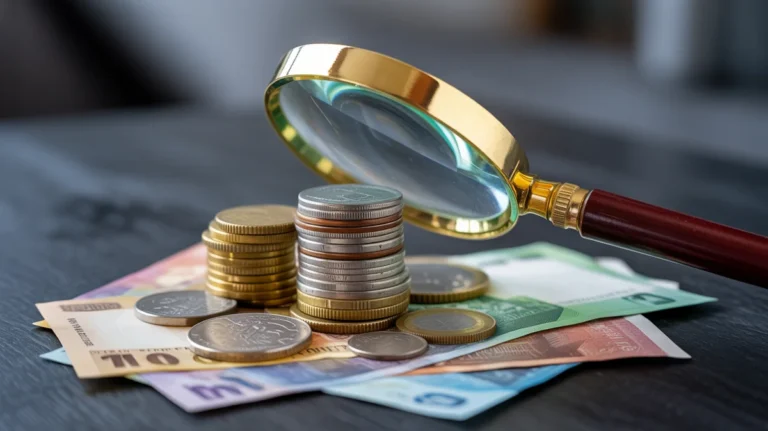 Padidėjęs stiklas, tiriantis augančią įvairių banknotų ir monetų krūvą.