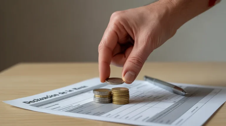 Ranka, įdedanti euro monetas į mokesčių deklaracijos formą.