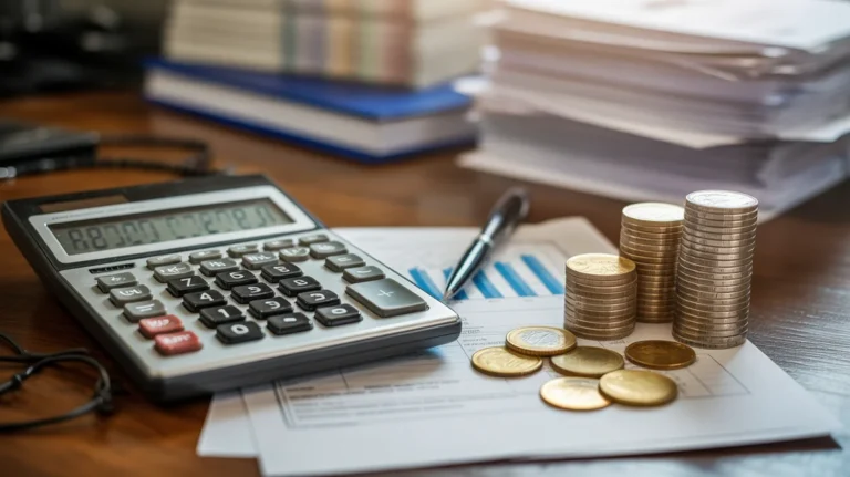 Skaičiuoklė, sukrautos monetos ir verslo finansiniai dokumentai ant medinio stalo.