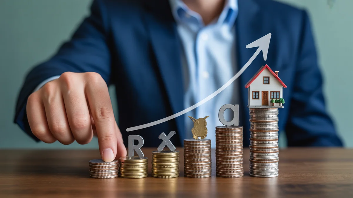 A hand arranging miniature financial assets like coins, stocks, and a house on an upward graph.