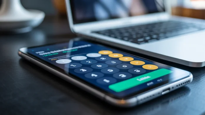 Fotorealistinis makrokomandas su aptakaus išmaniojo telefono ar planšetinio kompiuterio ekranu, kuriame pavaizduota aiški, interaktyvi internetinė finansinė skaičiuoklė arba paskolos taikymo forma su subtiliais žėrinčiais elementais, ant švaraus, modernaus, neryškaus skaitmeninio fono, aštraus fokuso, detalios tekstūros, kino apšvietimo, aukštos skiriamosios gebos.