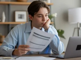 Mąstinantis jaunas Europos asmuo, subtiliai palengvėjęs, peržiūrint supaprastintus finansinius dokumentus ar aiškų nešiojamojo kompiuterio finansinį planą šiuolaikiniame namų biuro stale, natūralią minkštą šviesą, apšviečiančią sceną, fotorealistinę, gyvenimo būdo fotografiją, seklią lauko gylį, 4K.
