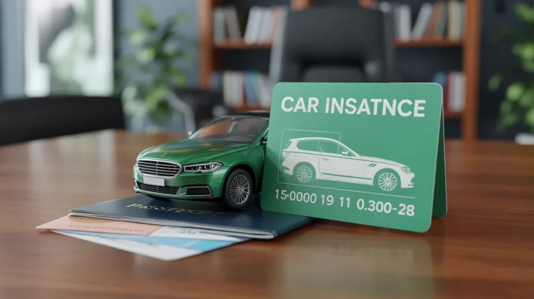 Žaliojo automobilio draudimo kortelė šalia miniatiūrinio automobilio ir paso.