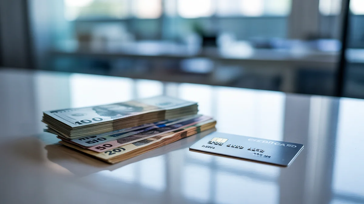Banknotai ir kreditinė kortelė, simbolizuojanti finansines paskolas ir kreditą.