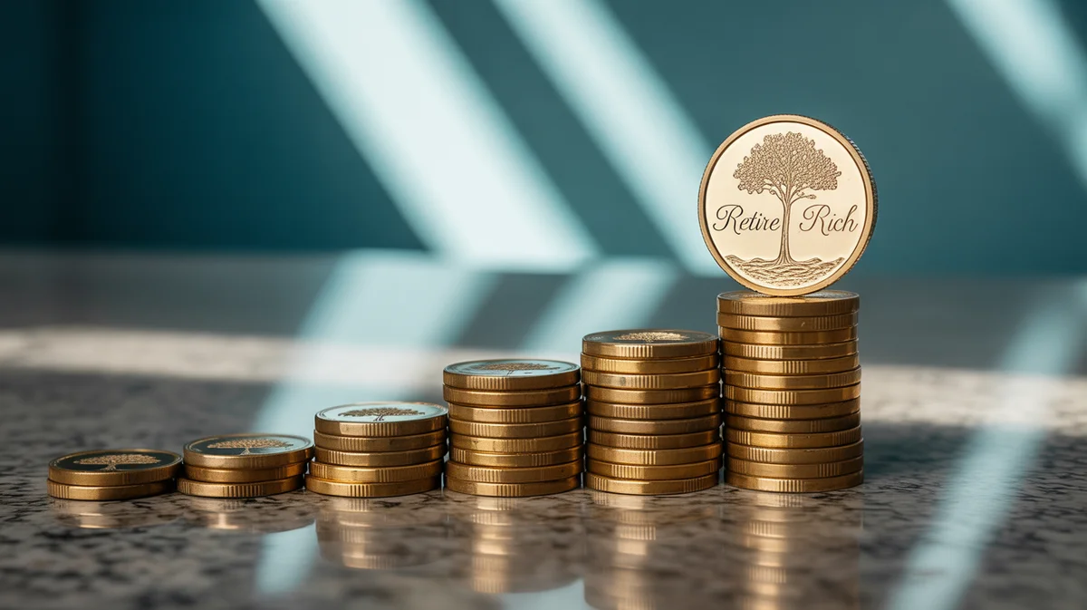 Auganti krūva monetų, simbolizuojančių ilgalaikes pensijų santaupas.