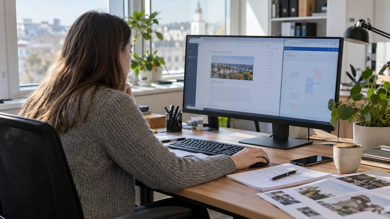 Redaktorė kompiuteryje peržiūri straipsnį ir publikavimo kalendorių. Iliustracija.